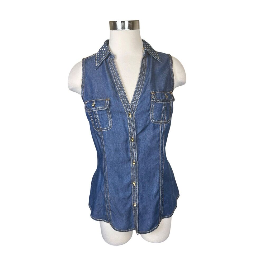 VTG Cache Lyocell Chambray Studded Sleeveless Top Vest NWOT Y2K Size M